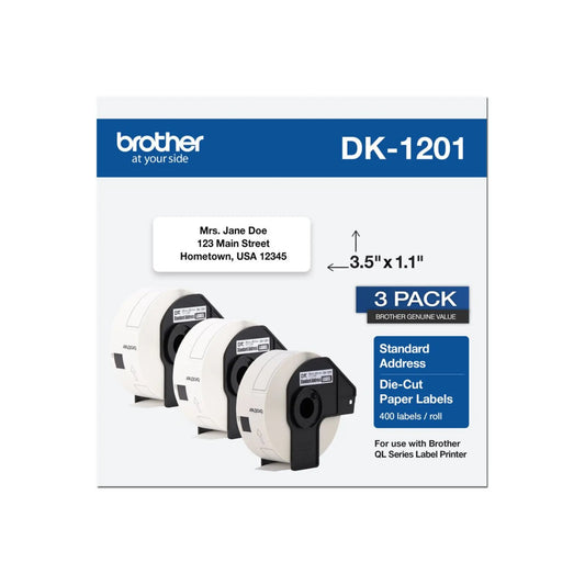 Genuine Brother DK-11201 Label Roll – Black on White, 29mm x 90mm (3 Rolls, 1200 Labels)