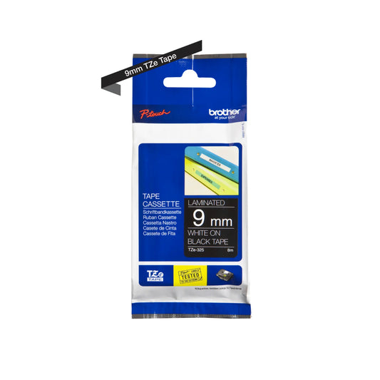 Genuine Brother TZe-325 Labelling Tape – 9mm x 8m (White on Black) – Durable & Professional Labels