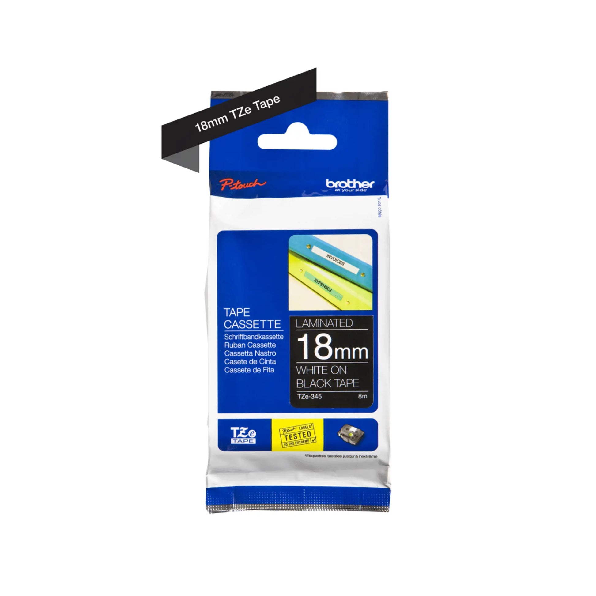 Genuine Brother TZe-345 Labelling Tape – 18mm x 8m (White on Black) – Durable & Professional Labels