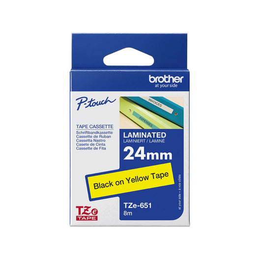 Genuine Brother TZe-651 Labelling Tape – 24mm x 8m (Black on Yellow) – High-Visibility & Durable Labels