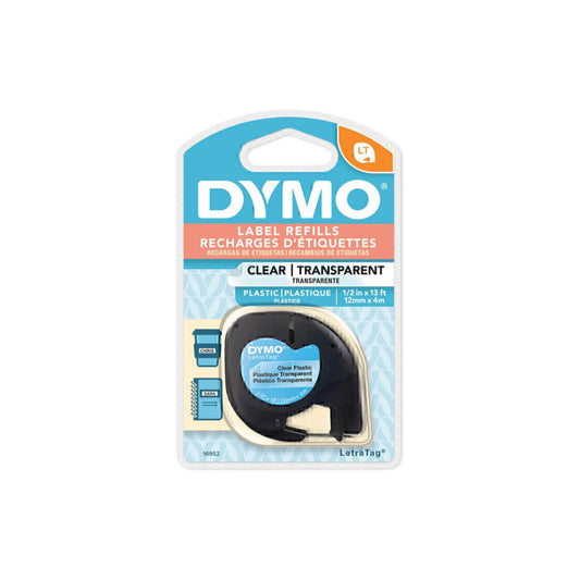 DYMO LetraTag Plastic Label Tape – 12mm x 4m (Black on Clear) – Durable & Versatile Labeling