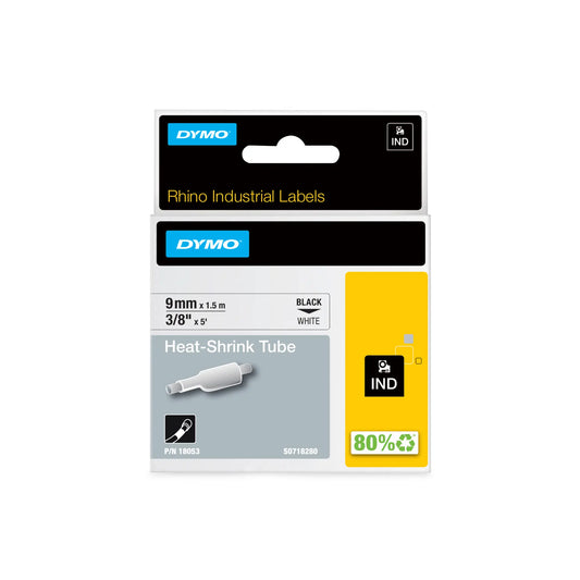 DYMO Rhino 18053 Heat Shrink Tubing – 9mm (Black on White) – Industrial-Grade Wire & Cable Identification