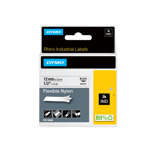 DYMO Rhino 18488 Flexible Nylon Label Tape – 12mm x 3.5m (Black on White) – Durable & Versatile Cable Labeling
