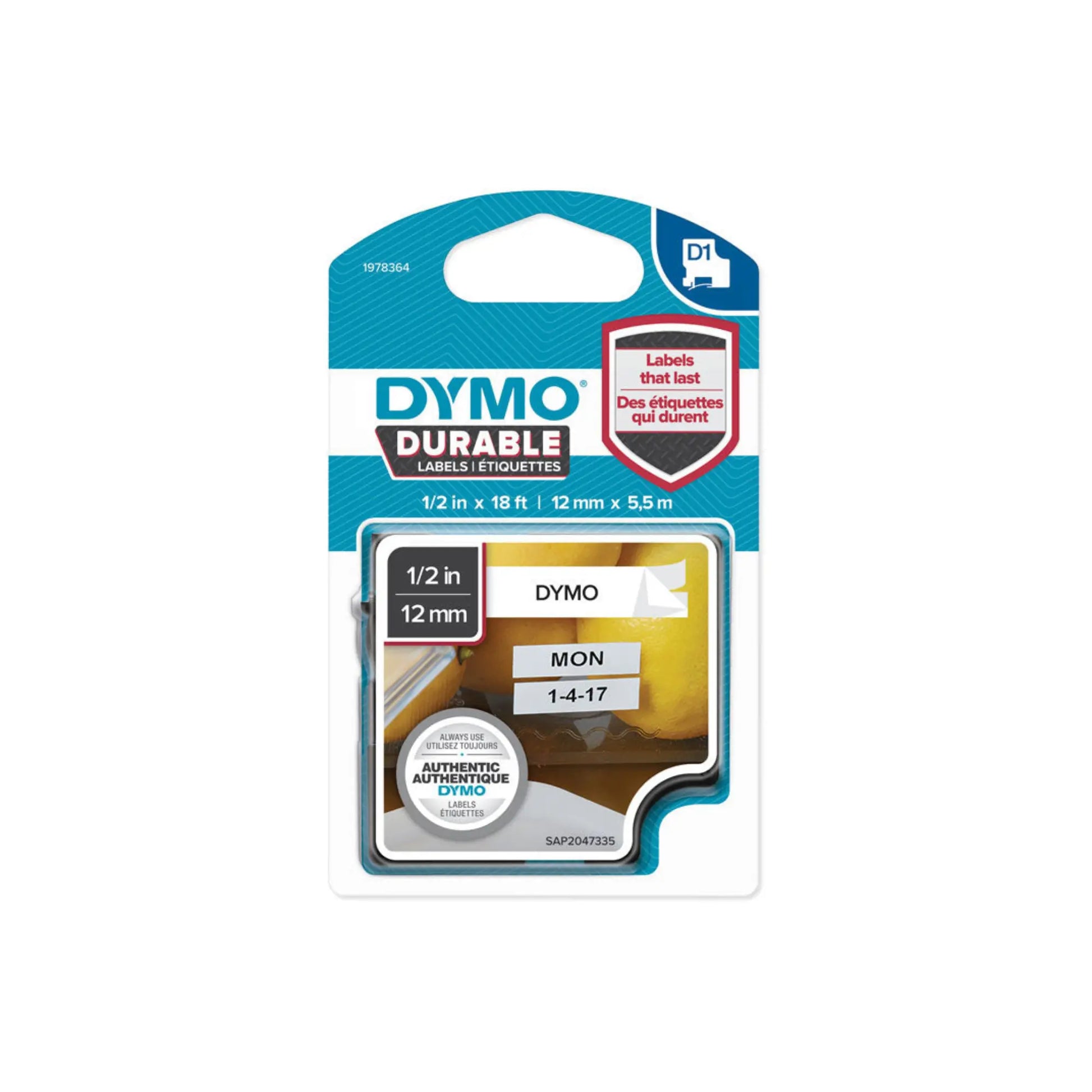 DYMO D1 Durable Label Tape – 12mm x 5.5m (Black on White) – Strong & Long-Lasting Labels