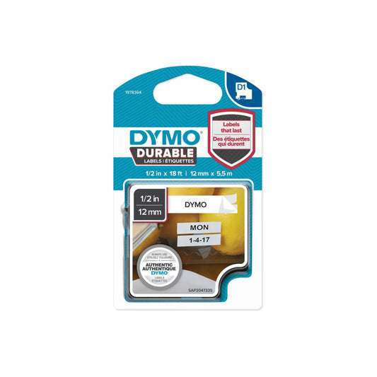 DYMO D1 Durable Label Tape – 12mm x 5.5m (Black on White) – Strong & Long-Lasting Labels